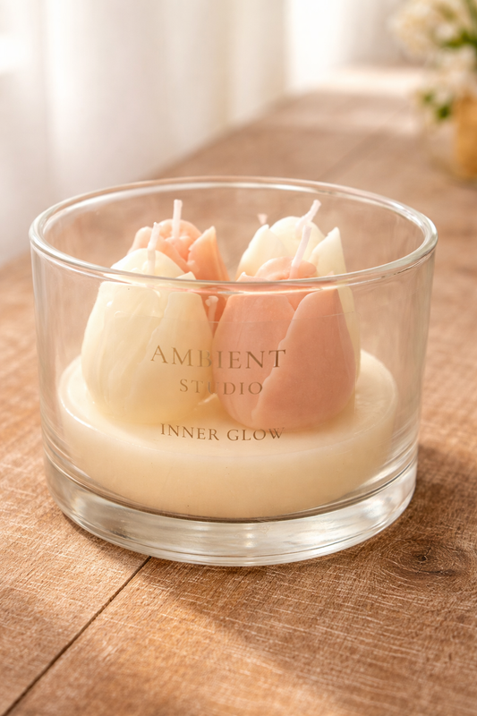 Blush & Ivory Tulip Candle – Handmade Floral Candle in Glass