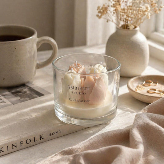 Blush & Ivory Tulip Candle – Handmade Floral Candle in Glass
