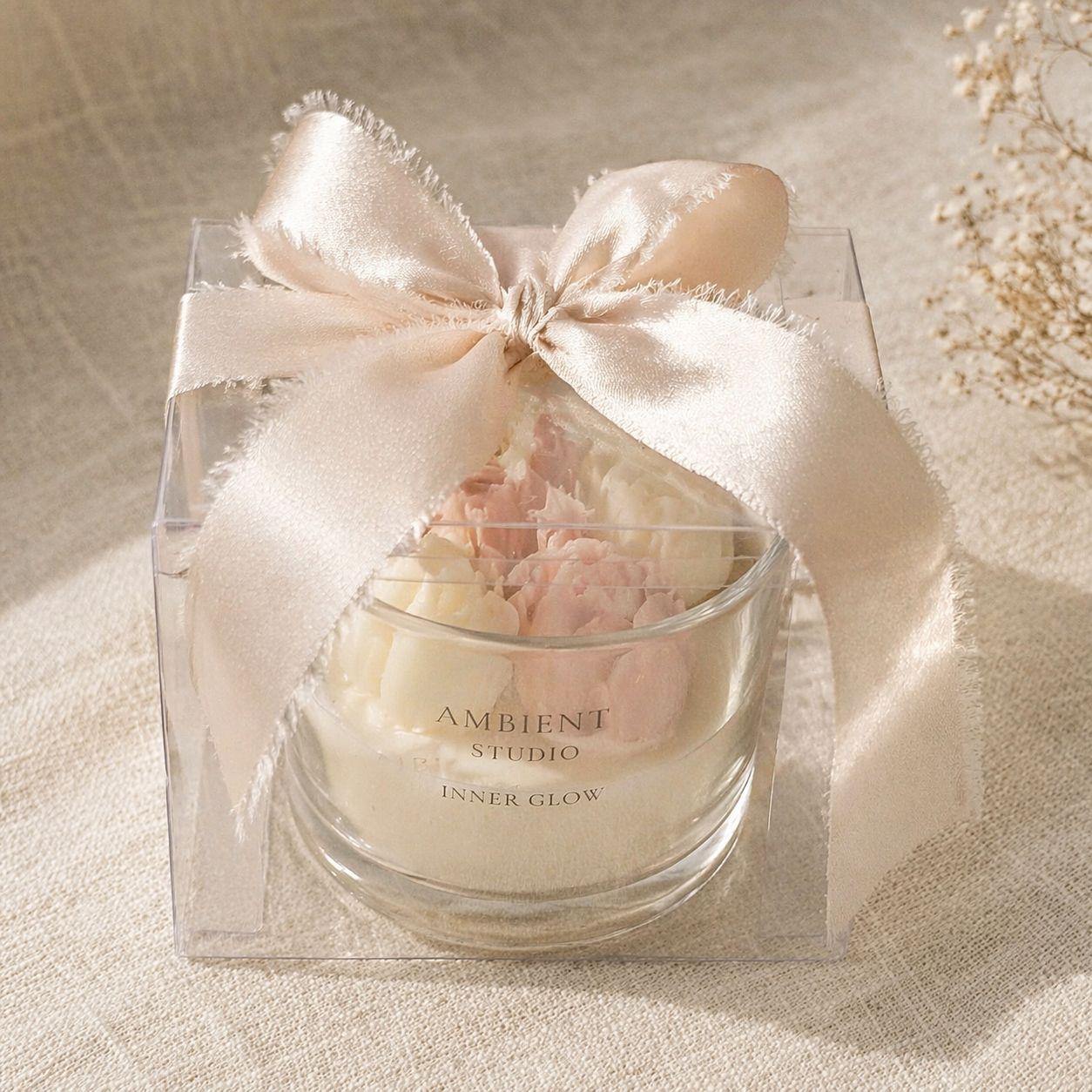Blush & Ivory Tulip Candle – Handmade Floral Candle in Glass