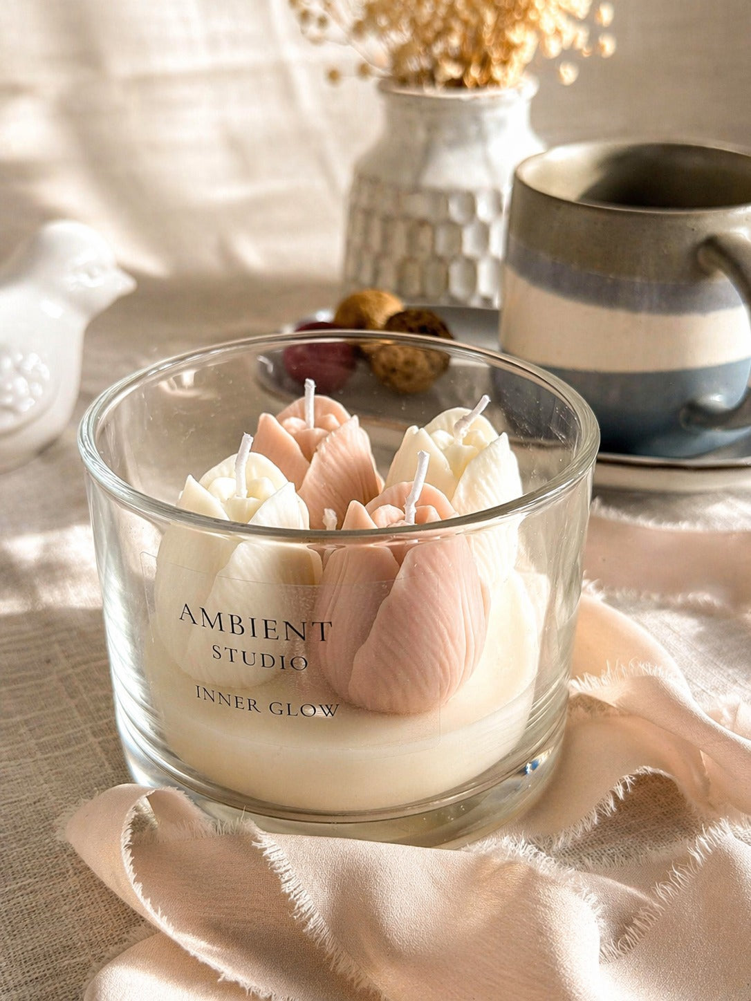 Blush & Ivory Tulip Candle – Handmade Floral Candle in Glass
